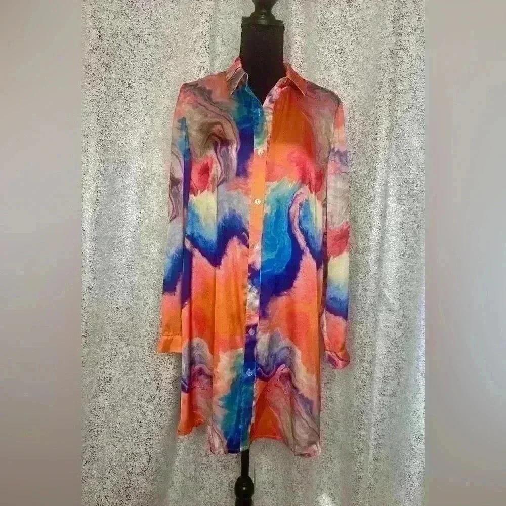Brand New Satin oversized tie dyed blouse/Mini Dress
